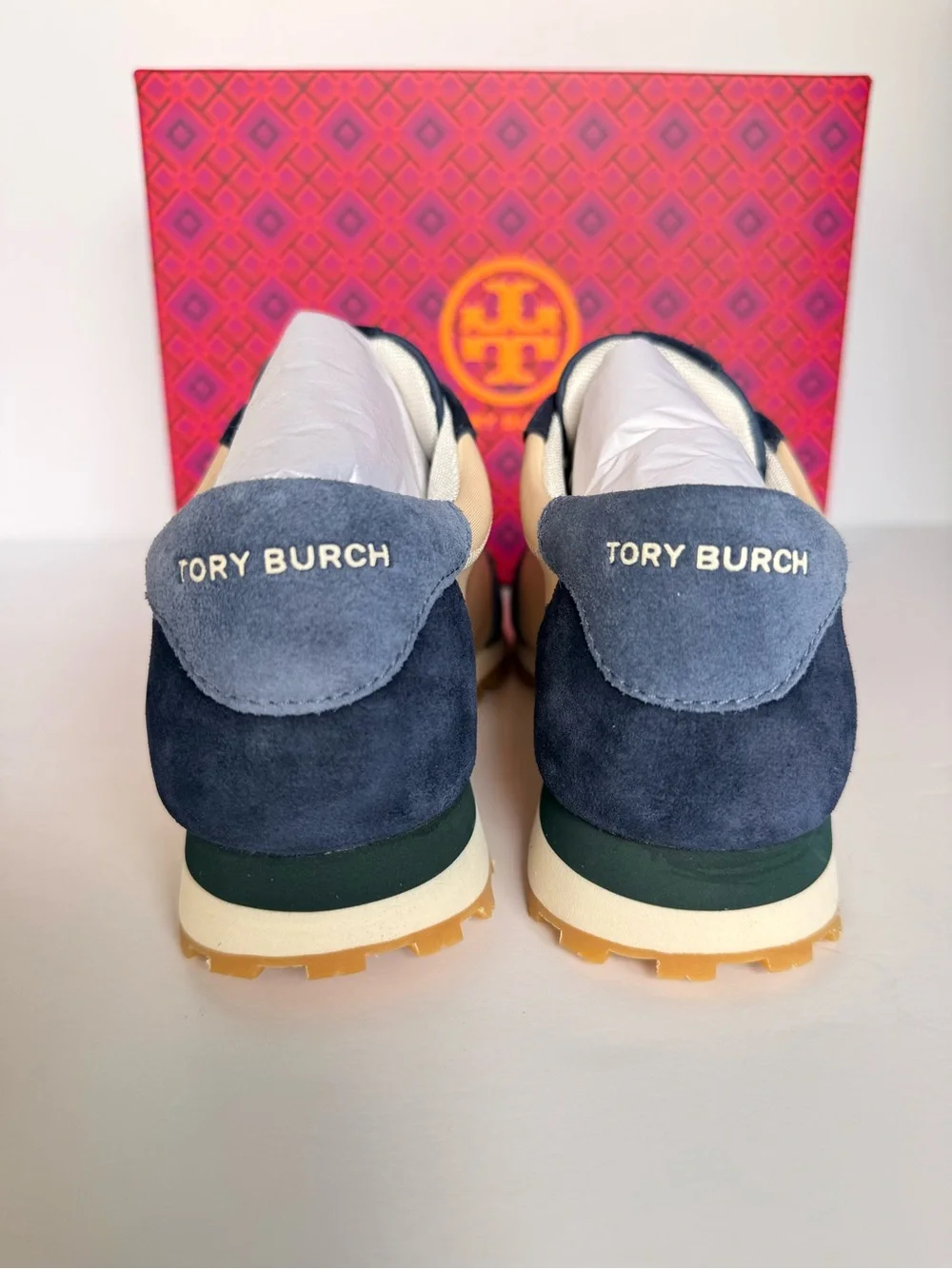 Tory Burch Annie Nylon Runner Sneakers New Cream Tempesta Blue Suede 7.5